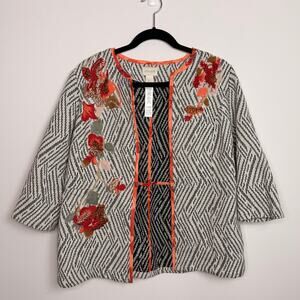 Chico’s Embroidered Open Front Jacket Kimono Cardigan Blk/Wht Floral Petite 1P